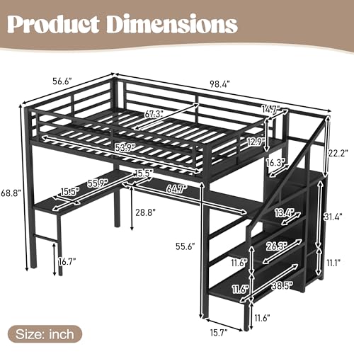 Bellemave Full XL Size Metal Loft Bed with L Shaped Desk and Wardrobe, Heavy Duty Loft Bed Frame with Storage Stairs, LED Loft Bed Frame with Charging Station & Safety Guardrails, Black - color: Black, size: Full XL