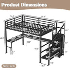 Bellemave Full XL Size Metal Loft Bed with L Shaped Desk and Wardrobe, Heavy Duty Loft Bed Frame with Storage Stairs, LED Loft Bed Frame with Charging Station & Safety Guardrails, Black - color: Black, size: Full XL