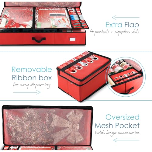 Hearth & Harbor Wrapping Paper Storage Container - Christmas Storage Bag with Ribbon Dispenser and Interior Pockets - Gift Wrap Organizer Fits Up to 26 Rolls of 40" Length, Red - color: Red, size: Large