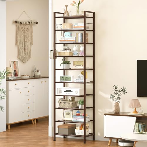 usikey 10 Tiers Narrow Shoe Rack 20-30 Pairs, Sturdy Metal Tall Shoe Rack Shelf with 4 Hooks, Slim Shoe Storage with Metal Shelf, Space Saving Vertical Shoe Organizer for Entryway Bronze UNYXJX018A - color: 10 Tier ( 17.9 X 11 X 69.2 Inches)-bronze