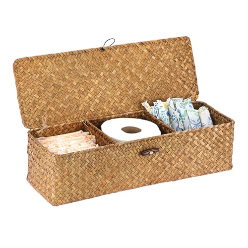 Sumnacon Extended Seagrass Storage Basket with Lid 3-Section Wicker Storage Basket,Small Woven Shelf Basket for Toiletries Tampon Storage,Seagrass Basket for Shelf Bathroom Toilet Counter,Caramel - color: Caramel, size: Large