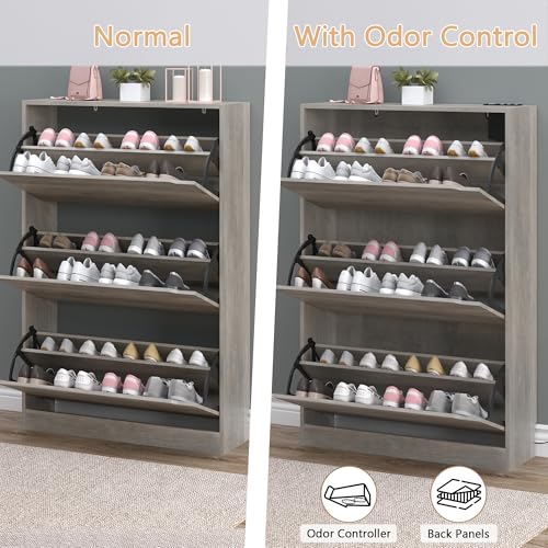 BORNOON Shoe Cabinet with Odor Control and Back Panels, Deodorizing Slim 3-Flip Shoe Storage Cabinet for Entryway, Freestanding Hidden Shoe Rack Organizer for Entrance, Hallway, Bedroom - color: Grey, size: Deodorizing 3-Flip