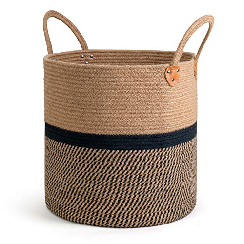 CHICVITA Extra Large Jute Woven Storage Basket with Handles – Laundry Basket Toy Towels Blanket Basket Home Decor Gift, 16" x 16", Black - color: Black, size: 16"W x 16"H