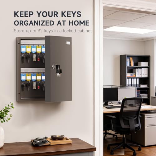 32-Keys Key Lock Box, Wall Mount Key Cabinet with Magnetic Door and Tags, Security Key Holder Lockbox for Home, Garage, Car Key Storage for School, Small Office, Valets, Hotels - size: 32 Key(Basic)