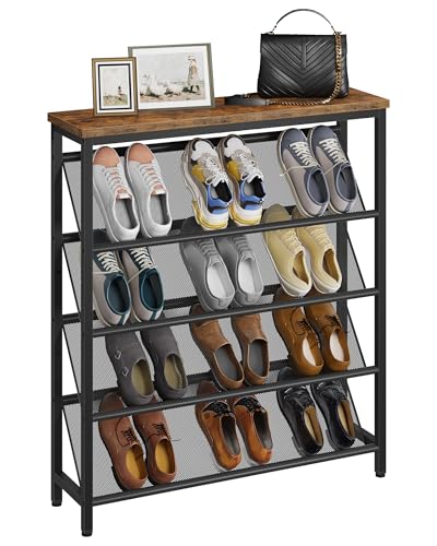 CHOEZON Shoe Rack, 5-Tier Slanted Shoe Storage Shelf, Narrow Shoe Rack for Entryway, Shoe Organizer with Adjustable Feet, Slim Shoe Shelf with Wooden Top and Metal Frame Rustic Brown and Black TXJ02BF - color: Rustic Brown, Black, size: 29.5"L x 7.9"W x 4