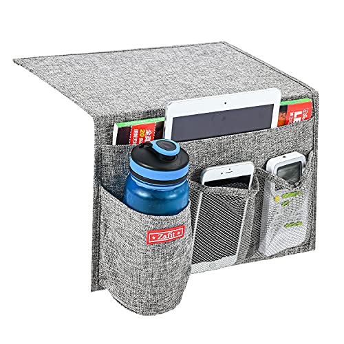 Zafit Linen 4 Pockets Bedside Caddy, Bedside Storage Organizer with Water Bottle Holde for Magazine, Remotes, Phone (Grey) - color: Grey, size: 4 Pockets