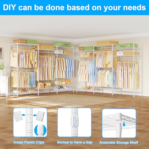 Ulif E13 Pro Heavy Duty Clothes Rack（With 4 Hanger Rods & 8 Shelves） Freestanding Clothing Racks for Hanging Clothes，Adjustable Closet，Metal Garment Rack 75" W x16 D x77 H，Max Load 1000LBS，White - color: White, size: E13 Pro