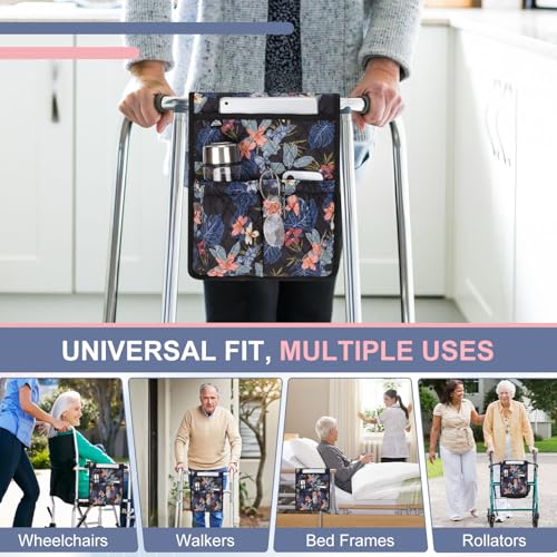 supregear Walker Bag, Universal Seniors Caddy Organizer with Multiple Pockets, Lightweight Accessories for Elderly, Rollators, Wheelchairs and Bedside Rails, Easy to Use Storage Pouch, Floral Black - color: Floral Black