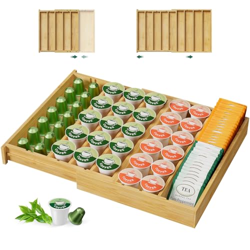 EsLuker.ly Bamboo Coffee Pod K Cup Holder Organizer for Drawer Insert Counter, Expandable Coffee Tea Storage Tray Compatible with Nespresso Vertuo Capsules - Easy Access for Office Home Kitchen - color: Green, style: Bamboo