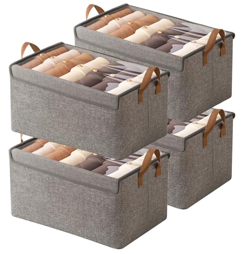 AARAINBOW Closet Clothes Organizer Bins 4 Pc, Fabric Box Storage Shelf Bins Stackable, Foldable Closet Shelf Storage Container with Lid, Fabric Storage Bin with Steel Frame, 23L (4 Gray with Lid) - color: 4 Gray with Lid