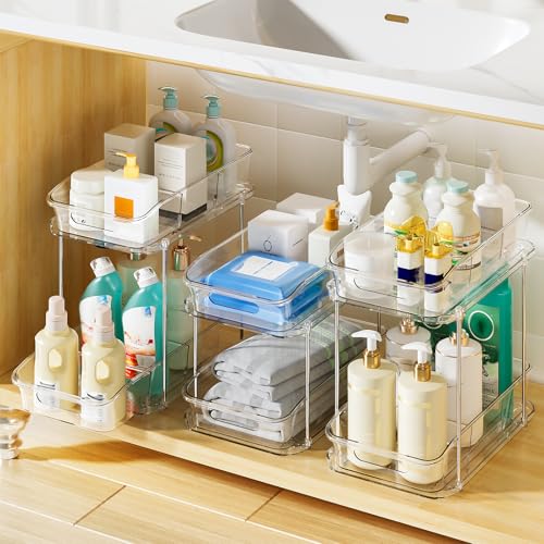 Delamu 2-Tier Under Sink Organizers and Storage, Multi-Purpose Stackable Bathroom Cabinet organizers, Pull Out Kitchen Pantry Organization and Storage with Dividers(3 Pack, Clear) - color: Clear, size: 3 Pack