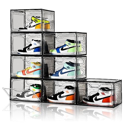 Amllas New Gray 8 Pack Shoe Boxes Stackable, Large Shoe Storage Organizer with Lids,Drop Side Shoe Containers for Entryway,Sneaker Storage Fit up to US Size 13 for Men/Women(13’’x 10.6”x 8.3”) - color: Gray