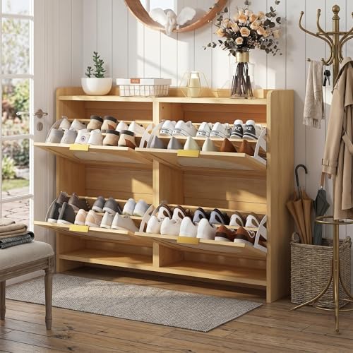 Patikuin Narrow Rattan Shoe Cabinet, 4 Semi-Circular Flip Doors Freestanding Shoe Storage Organizer, MDF Wooden Hidden Slim Shoe Rack for Entryway, Hallway, Foyer, Living Room - size: 4 Flip Drawers