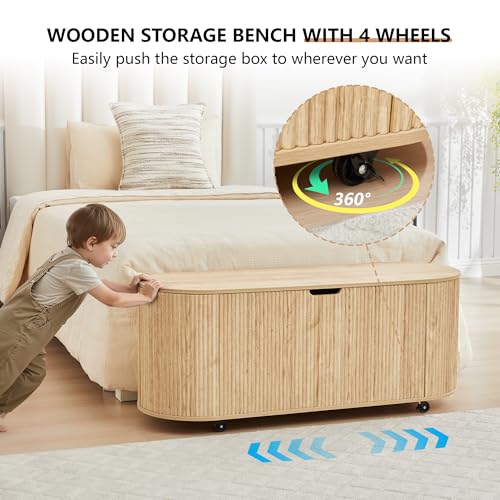 Fluted Storage Bench with 4 Wheels, 43.3” Oval Storage Chest with Safety Hinges, Modern Wooden End of Bed Bench, Large Storage Trunk Toy Chest with Lift Top for Entryway Bedroom Living Room, Natural - color: Natural