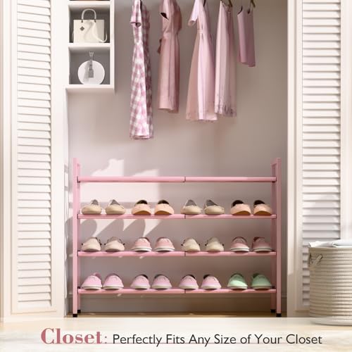Bumusty 4-Tier Expandable Shoe Rack for Closet, 18“-33” Adjustable Shoe Rack for Small Space, Small Shoe Organizer for Front Door, Sturdy Metal, Pink - color: Pink, size: 4-Tier