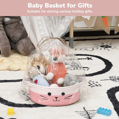 Cute Cat Toy Basket, Decorative Baby Gift Basket for Girls, Small Woven Baskets for Nursery Living Room, White & Pink, 9.8 x 4 inches - color: White & Pink, size: 9.8"W x 4"H