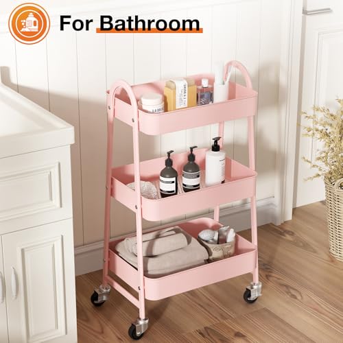 NEWBULIG 3-Tier Rolling Utility Cart with Locking Wheels, Slim Metal Mobile Storage Organizer Shelf for Small Spaces, Bathroom, Living Room, Pink - color: Pink, size: 3-Tiers