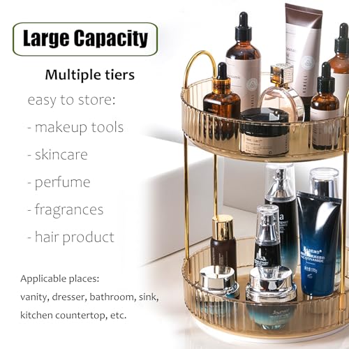 Rotating Makeup Organizer Countertop 2 Tier Lazy Susan Trays Clear Skincare Perfume Storage for Bathroom Counter Vanity, Amber Gold - color: Amber, size: 2 Tier