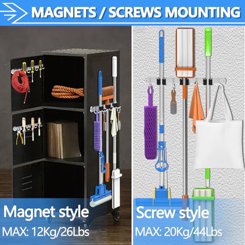 3-H Magnetic Broom Holder Wall Mount 1 Pack, 2-in-1 Dual Mount (No Drill or Screw Fix), 304 Stainless Steel Heavy Duty Magnet Mop Broom Organizer for Kitchen Garden Garage(3 Racks & 4 Hooks,Silver) - color: Silver, size: 1pc & 3R4H