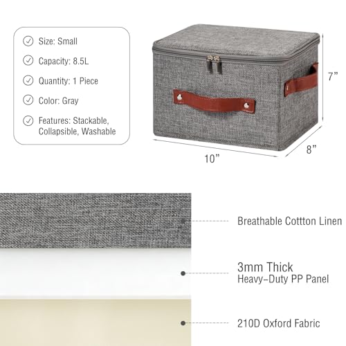 Storage Bin Box with Zippered Lid Cotton Linen Fabric Decorative Basket with PU Leather Handles PP Plastic Board Foldable Lidded Clothing Shelf Closet Organizer Container (Gray, Small) - color: Gray, size: Small ( Pack of 1 )
