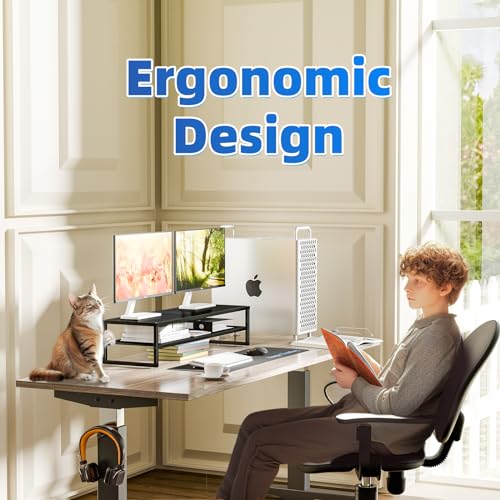 Simple Trending 2 Tier Metal Dual Monitor Stand Riser with 32"x10" Mouse Pad, Computer Desk Organizer for 2 Monitors, Laptop, Printer, TV, Black - color: Black