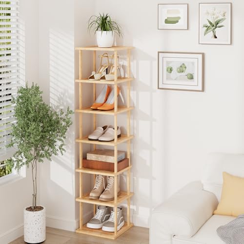 Vertical Tall Shoe Rack For Entryway - Tall 7 Tier Free Standing Slim Narrow Bamboo Wood Shoe Boots Storage Shelf Small Spaces For Garage Closet Doorway Garage Living Room Storage for Kitchen Bathroom - color: Nature, size: 7 Tier