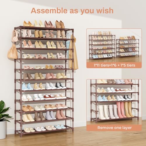 VILICK 11 Tiers Tall Wide Shoe Rack 55 Pairs Large Capacity Sturdy Durable Shoe Rack for Closet Metal Shoe Organizer Shelf with Two Hooks Space Saving for Entryway Brown - color: Brown