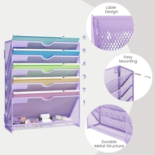 Hanging Wall File Organizer, 6-Tier Purple Desk Organizer with Metal Mesh, Foldable Document Organizer for Office Desk, Wall Mount Magazine Rack for Mail/Books/Tablet - color: Purple-1pack