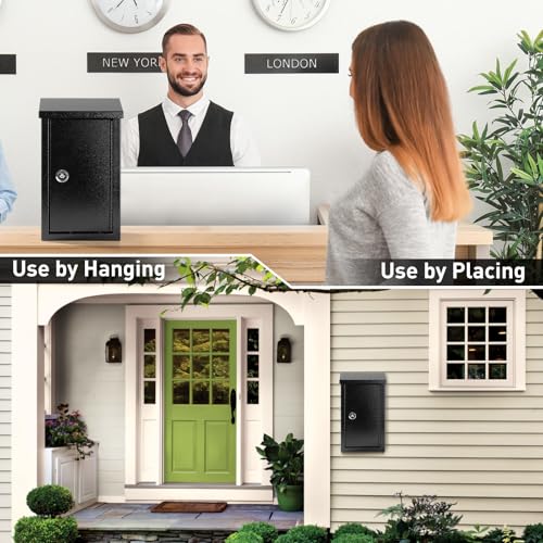 xydled Wall-Mounted Key Drop Box with Key Lock, Metal Mailbox, Indoor& Outdoor Storage Box, Hanging Secured Postbox, for Home & Business Use, 5.5X 3.0X 9.8 inch, Black - style: Key Lock