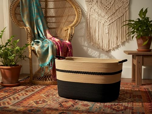 Extra large laundry basket woven from natural cotton rope with handles storage blankets for living rome big decorative quilted baskets for clothes toys pillows hamper 24"x16"x14" black - color: Black, size: 87L 24"x16"x14"