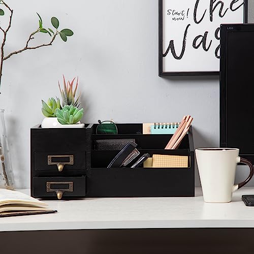 Distressed Rustic Wooden Office Desktop Organizer Wood Shelf Tabletop Home Organizer Storage with Multiple Compartments 2 Tier Drawers,perfect Jewelry storage Display Box for Desk, Vanity (Black) - color: Black
