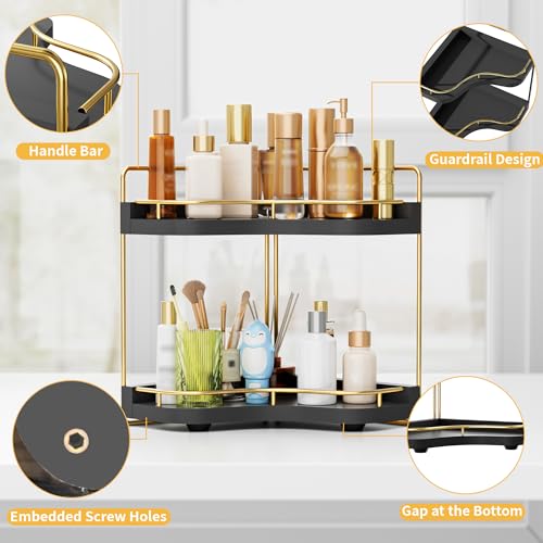 2-Tier Corner Bathroom Counter Organizer with Embedded Screw Holes, Secure & Stable Wood Vanity Shelf for Makeup and Skincare Essentials - Space Saving Bathroom Countertop Storage, Black Gold - color: Black Gold