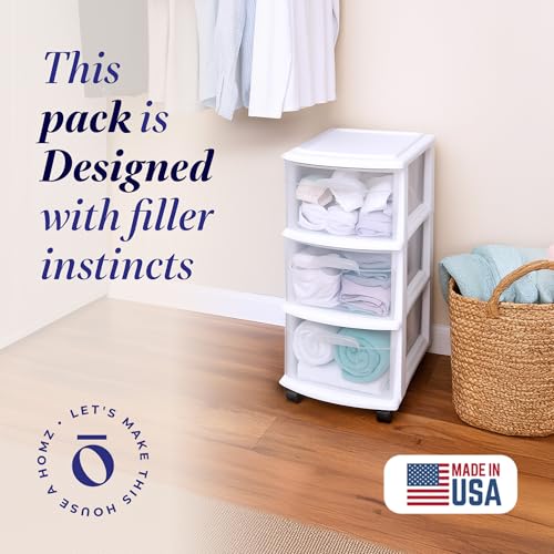 HOMZ Drawer Tower, 3-Tier Rolling Storage Cart with Removable Wheels, White Frame – Plastic Organizer with Clear Bin Drawers for Bedroom, Bathroom, Home Office, and Dorm Room - color: White, size: 1 Pack