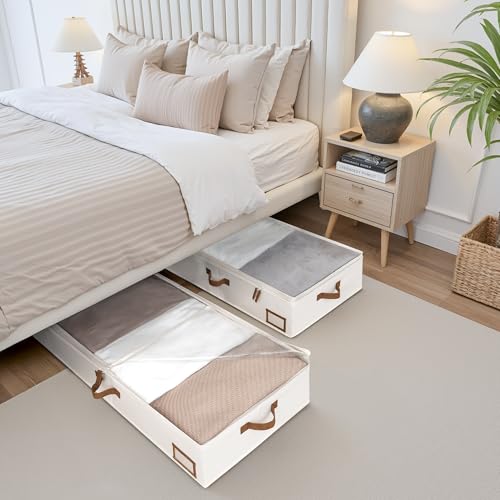 StorageWorks Large Under Bed Storage Containers with Handles and Label Holder, 2 Pack Ultra-thick Fabric Underbed Bins, Closet Organizer for Clothes, Blankets, Sweater - color: Beige, size: Large-without Wheels