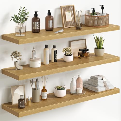 Fun Memories Floating Shelves for Wall 40 Inch Set of 3, Farmhouse Floating Shelves with Invisible Heavy Duty Bracket, 10 Inch Deep Bathroom Shelves for Storage, Living Room, Kitchen, Decor, Oak - color: Oak, size: 40"W x 10"D - 3P