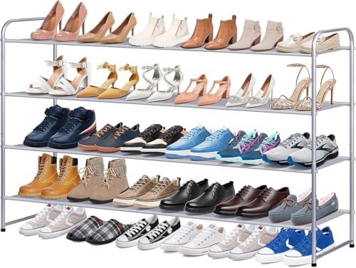 KIMBORA Long Shoe Rack for Closet, 30 Pairs Stackable Shoe Storage Organizer Wide 4 Tier Sneaker Shelf for Bedroom Floor (Grey) - color: Grey, size: 11.4 x 42.7 x 32.4