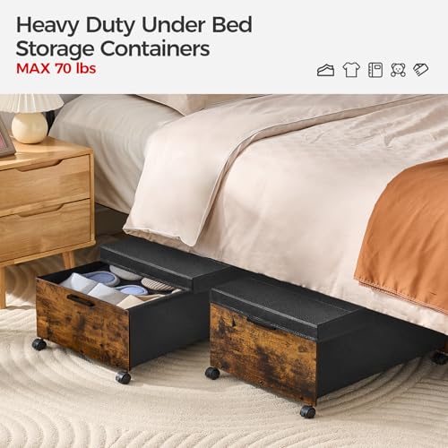 FOUCSSOMEI Under Bed Storage with Wheels,Under Bed Drawers Heavy Duty, 2 Packs, Wooden Under Bed Storage Containers Organizer, Metal Frame, Patented Design - color: Rustic Brown, size: Triple Size