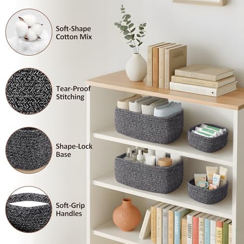 5-Pack Small Woven Rope Storage Baskets – 2 Sizes Organizer Bins for Closet, Shelf, Bookshelf, Nursery, Changing Table, Fabric Cube Boxes, Rectangular Shallow Bins for Bathroom, Toy & Home - color: Grey