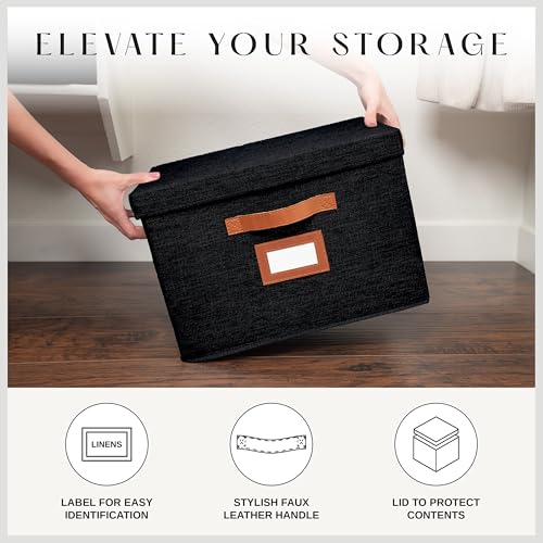 3 Pack Large Fabric Storage Boxes with Lids (15.75" x 11.25" x 11.25") - Decorative Bin with Lid, Label Holder, Faux Leather Handles - Large Storage Boxes for Organizing Clothes, Blankets - Black - color: Black