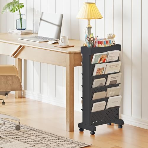 6-Tier Mobile Bookshelf, Rolling Bookcase Book Storage Rack, Movable File Folder Organizer Cart with Wheels for Home Study Office Living Room Classroom, Black - color: Black, size: 6-Tier