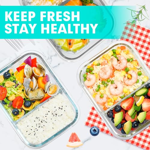 VERONES 5 Pack Glass Meal Prep Containers 2 Compartment Set, 36OZ Airtight Glass Lunch Containers, Glass Food Storage Containers with Lids, for Microwave, Oven, Freezer & Dishwasher Friendly,Green - color: Green