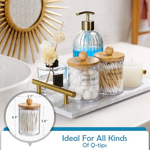 2 Pack Qtip Holder Dispenser with Bamboo Lids - 10 oz Clear Plastic Apothecary Jar Containers for Vanity Makeup Organizer Storage - Bathroom Accessories Set for Cotton Swab, Ball, Pads, Floss - size: 2 Pack of 10 oz