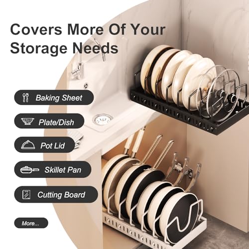 Pots and Pans Organizer Under Cabinet 2 Pack, Pull-Out Cabinet Organizer for Pot Lids, Bakeware, Dishes, 8 Adjustable Dividers (Black - color: Black