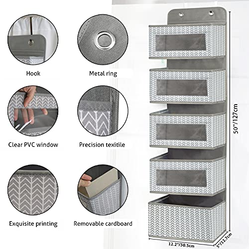 Over the Door Hanging Organizer with 5 Large Pockets - Wall Mount Pantry Storage with Clear PVC Window & 2 Big Metal Hooks for Closet,Bathroom,Nursery,Bedroom,Dorm,Baby Diapers,Kids Toys (Gray) - color: Branch Pattern Grey