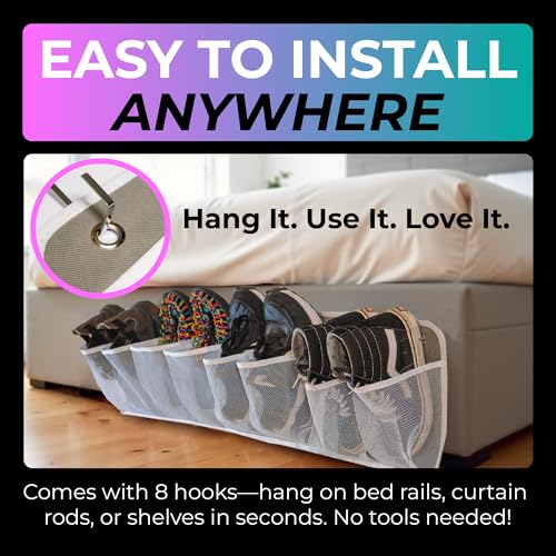 Jestik RV Shoe Storage for Bedside - 16 Large Pocket Bed Hanging Shoe Organizer Bag with Hooks, Wall Mounted Shoes Rack, Foldable Mesh Pockets, Bedside Caddy for Shoes, RV & Camper Essentials (2 Pack)