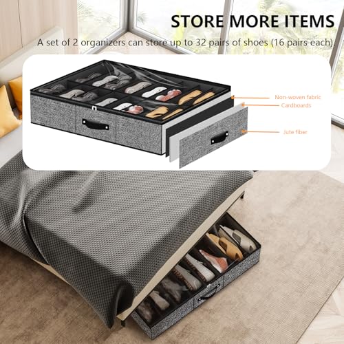 homyfort 32 Pairs Shoe Organizer Under Bed, Underbed Shoe Storage Boxes Bins, Organizador De Zapatos, Extra Large Zapateras Organizer, Black, Set of 2 - color: 2 Shoes (16+16 Cells) Linen-like Black, style: 32 Pairs Shoes
