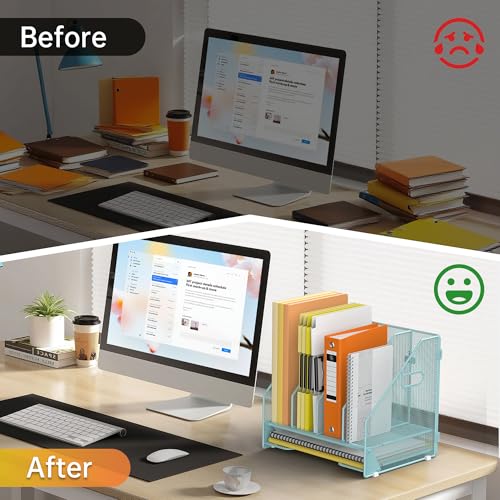 Docnest Desk File Holder Sorter, 4 Vertical Compartments Rack with Letter Tray, Mesh Magazine File Holder with Handle,Workspace Organizers,Desk Organizers for Paper, Mail, Documents-Blue - color: Blue-4 Compartments