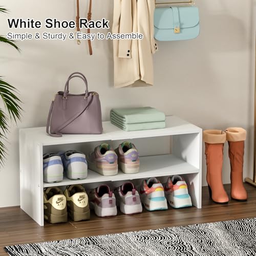 2 Pack White Shoe Rack for Closet, 2-Tier Expandable Small Shoe Shelf, Stackable Iron Wood Combination Shoe Organizer Racks Shelves for Closets, Entryway, Hallway, Garage, Holds 12-24 Pairs - color: White, size: 2 Pack (2 Tier)