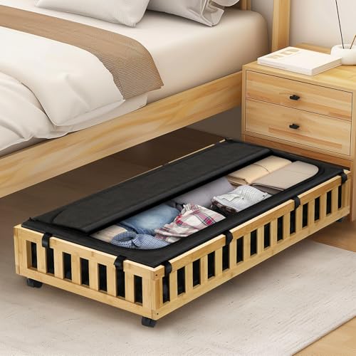 Gashell 2 Pack Bamboo Under Bed Storage with Wheels, 39”x20”x7.8” Lager Under Bed Storage Containers (Natural) - color: Natural