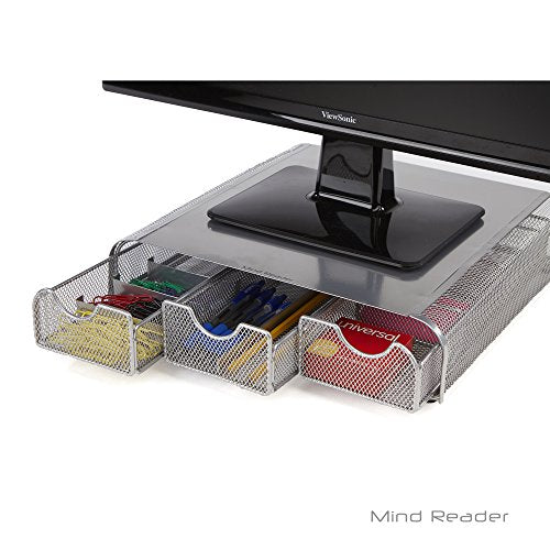 Mind Reader Perch Monitor Stand Desk Organizer, Silver Metal Mesh (Pack of 2) - size: 13.25"L x 12.5"W x 3"H (Pack of 2)